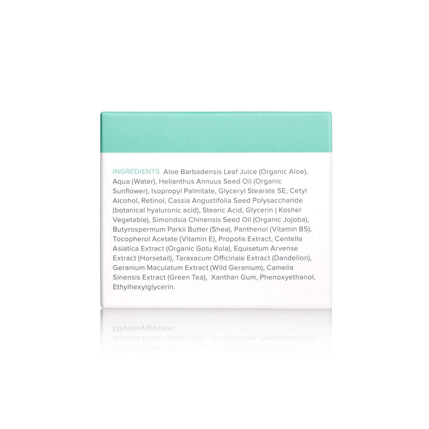 Ingredient list of Cosmedica Skincare's 2.5% Retinol Facial Night Cream, showcasing natural components like organic aloe and herbal extracts.