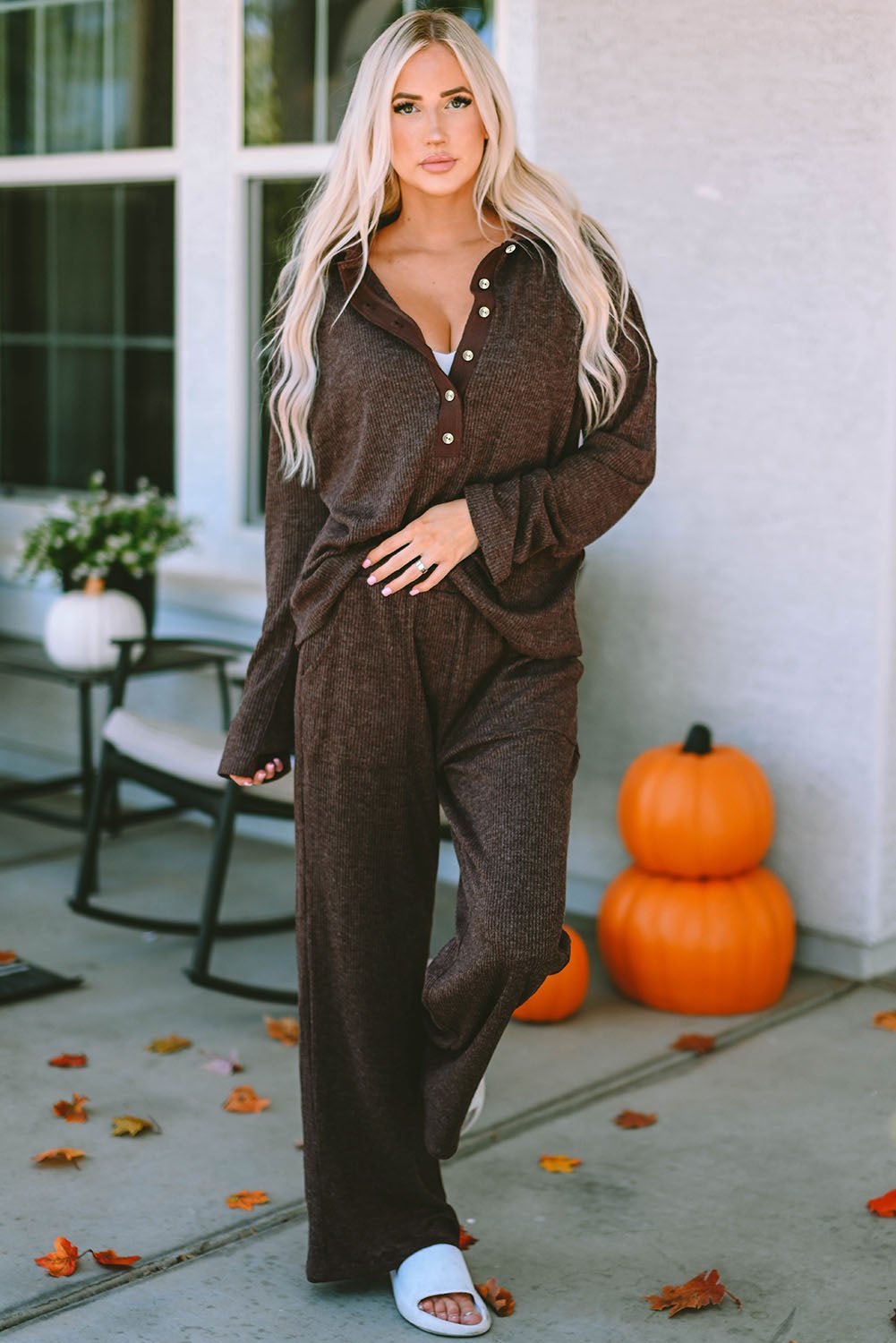 Brooke Ribbed Knit Collared Henley Top and Pants Lounge Outfit - Glam Gurls