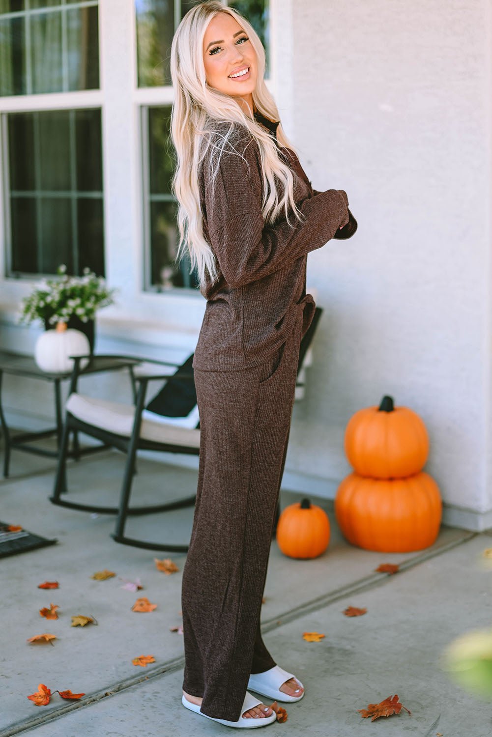 Brooke Ribbed Knit Collared Henley Top and Pants Lounge Outfit - Glam Gurls