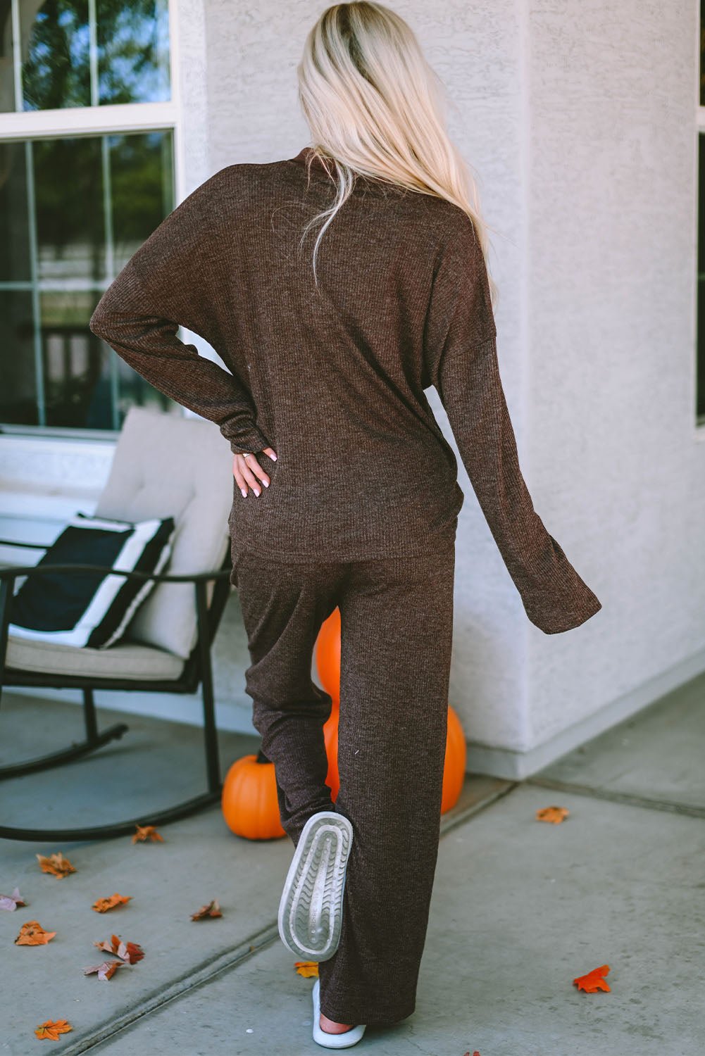 Brooke Ribbed Knit Collared Henley Top and Pants Lounge Outfit - Glam Gurls