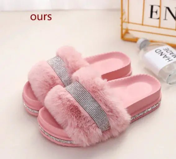 Luxury Designer Women Fur Rhinestone Slippers - Glam Gurls