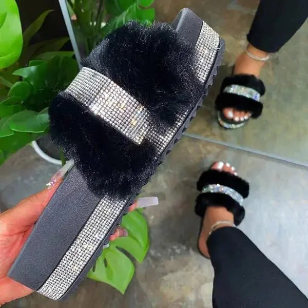 Luxury Designer Women Fur Rhinestone Slippers - Glam Gurls