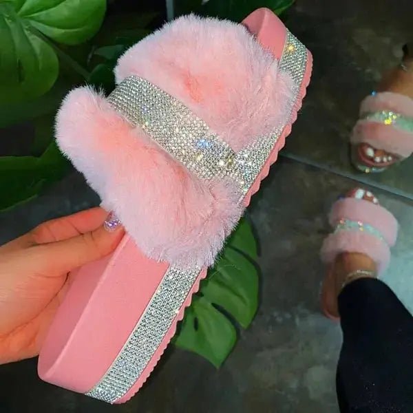 Luxury Designer Women Fur Rhinestone Slippers - Glam Gurls