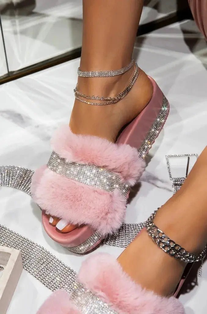 Luxury Designer Women Fur Rhinestone Slippers - Glam Gurls