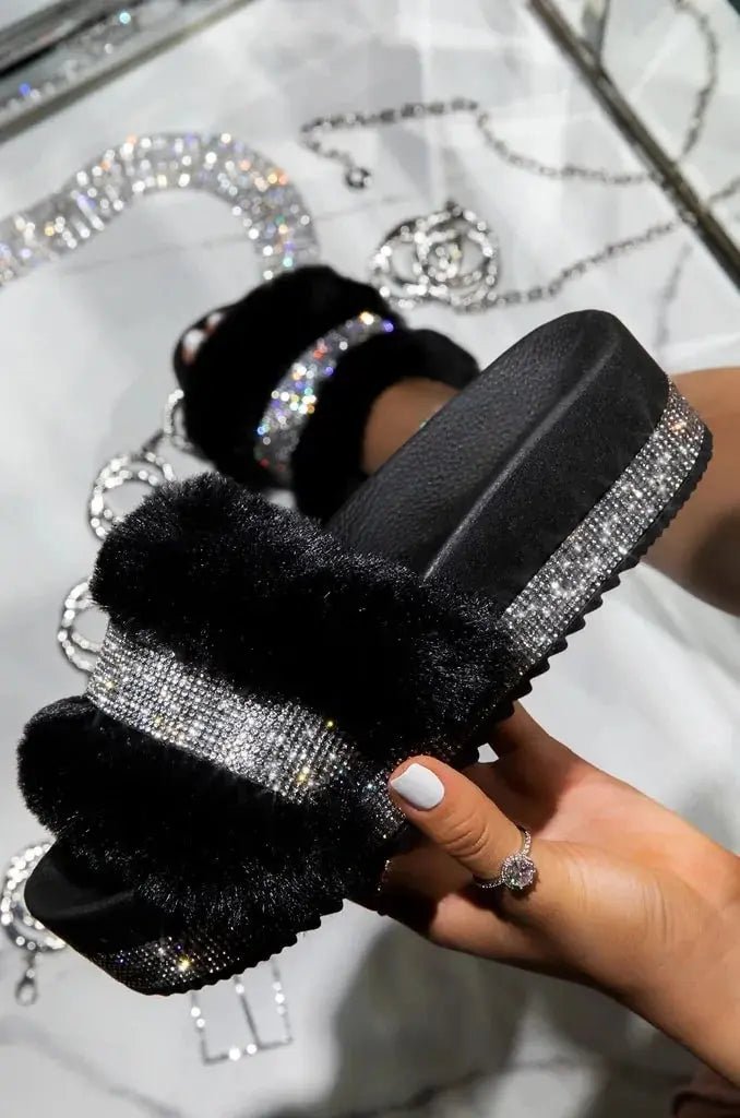 Luxury Designer Women Fur Rhinestone Slippers - Glam Gurls