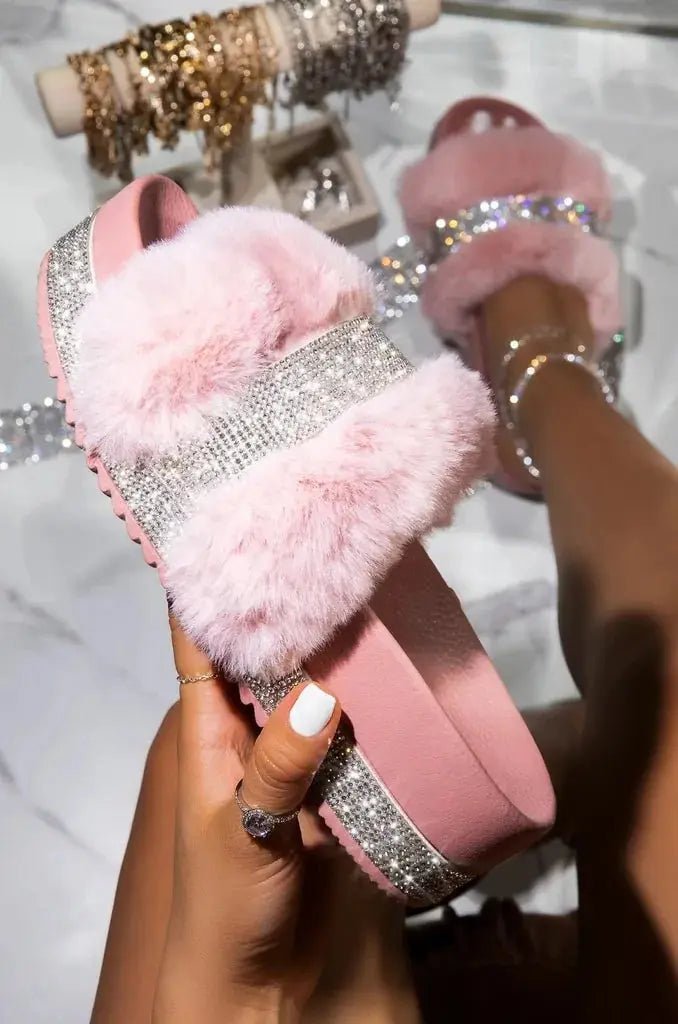 Luxury Designer Women Fur Rhinestone Slippers - Glam Gurls