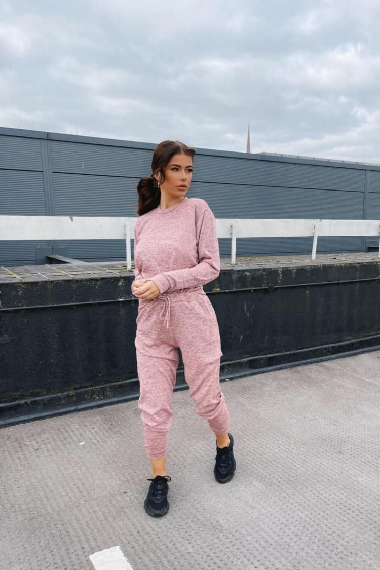 Womens Fashion Loungewear Crew Neck Jogger Lounge Set Pink - Glam Gurls