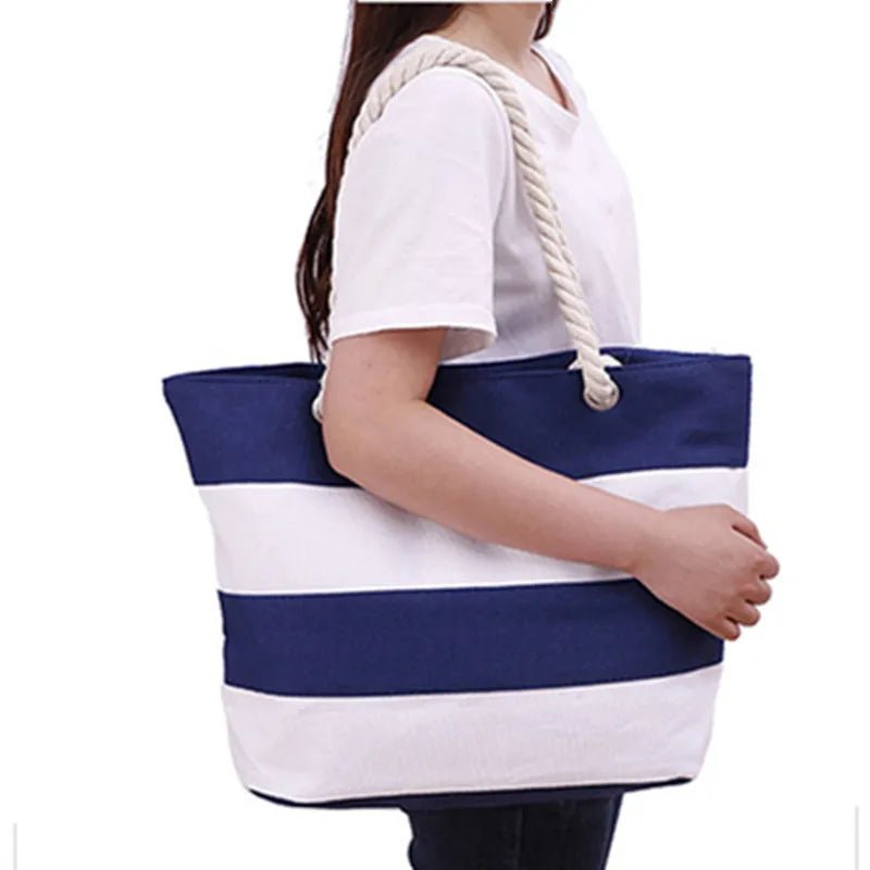 Women's Striped Canvas Tote Bag Large Capacity Shoulder Beach Bag - Glam Gurls