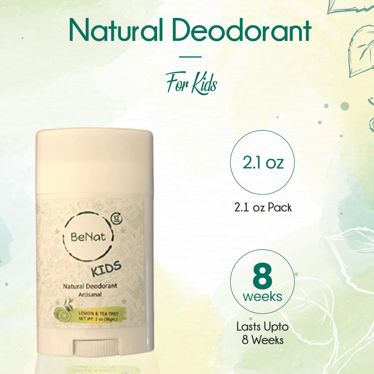 BeNat All-Natural Deodorant for Kids, 2.1 oz pack, highlighted with a description of lasting up to 8 weeks, emphasizing its natural ingredients.