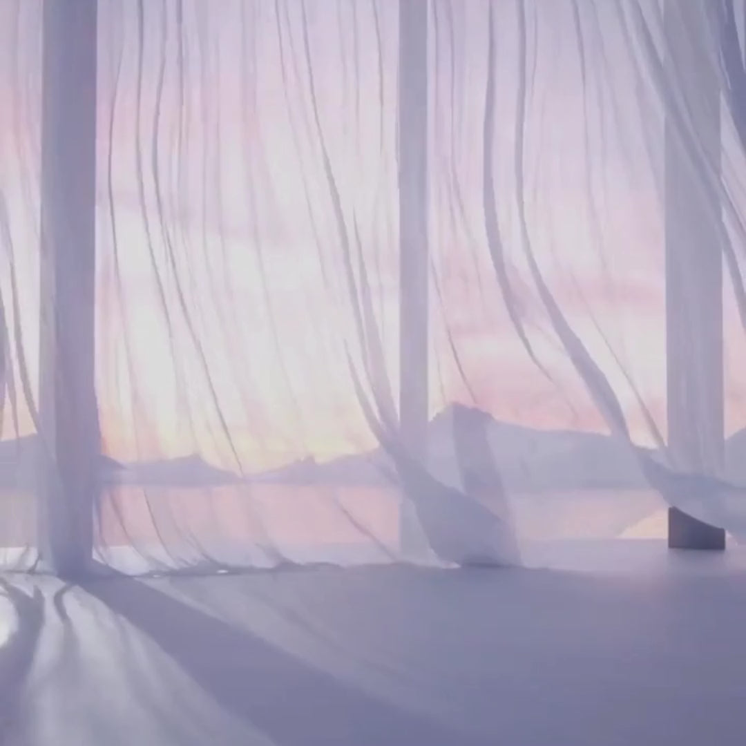 A serene background with flowy curtains symbolizing purity and freshness, aligning with the Glimmer Goddess Organic Apple Stem Cell Anti-Aging Duo from GNS Beauty & Personal Care.