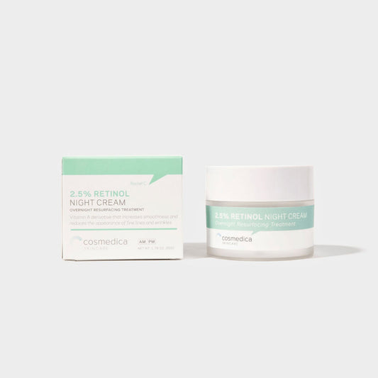 Cosmedica Skincare 2.5% Retinol Facial Night Cream in packaging, designed for overnight rejuvenation.