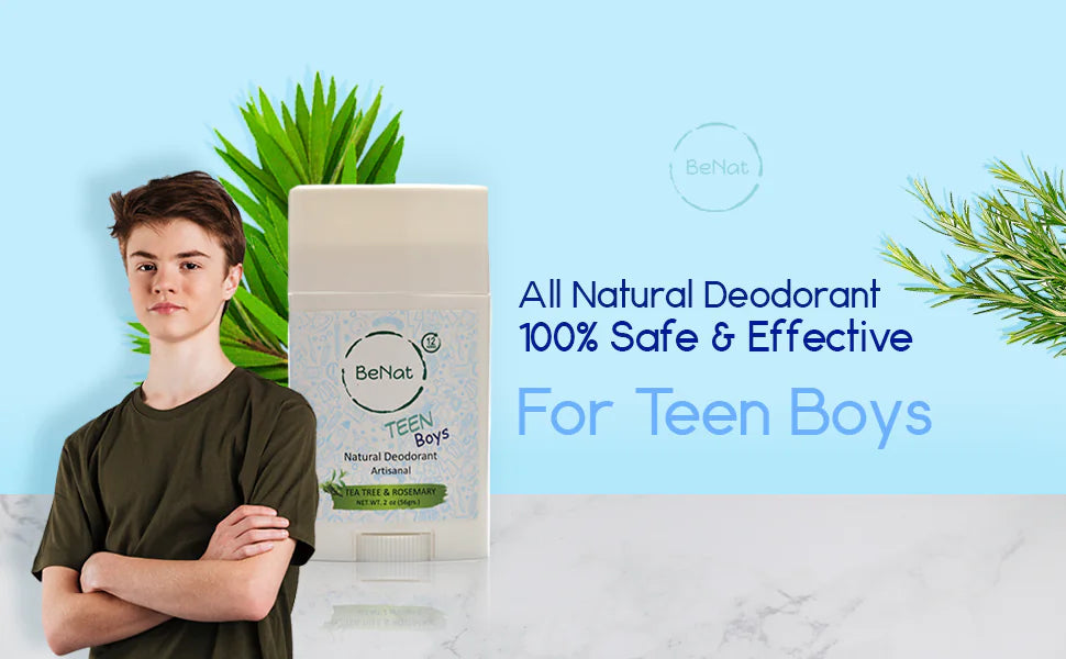 BeNat All-Natural Deodorant Stick for Kids & Teens displayed with a young boy, showcasing the product's gentle formula perfect for teen boys.