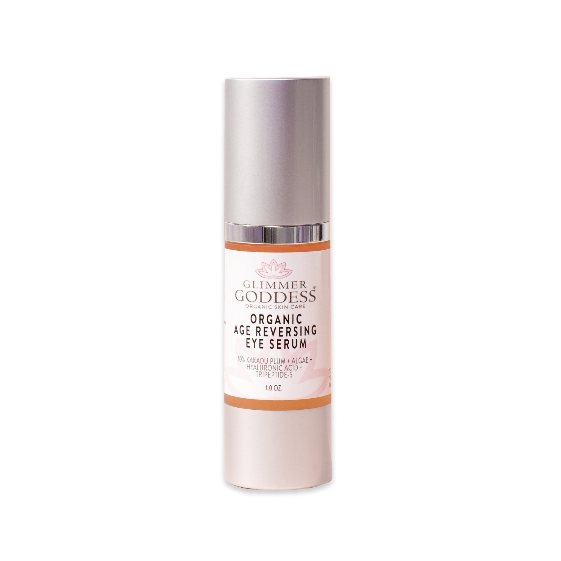 Close-up of Glimmer Goddess Organic Age Reversing Eye Serum, part of the Anti-Aging Trio, designed to brighten and tighten skin for a youthful appearance.