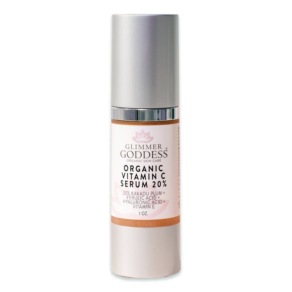 Close-up of Glimmer Goddess Organic Vitamin C Serum 20%, a key component of the Anti-Aging Trio, formulated to enhance skin luminosity and elasticity.