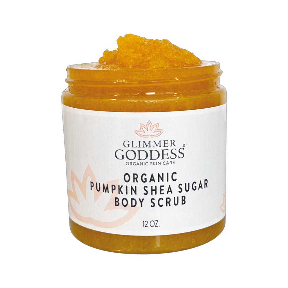 Glimmer Goddess Organic Pumpkin Shea Sugar Body Scrub in a jar, showcasing the golden scrub, perfect for fall skincare.