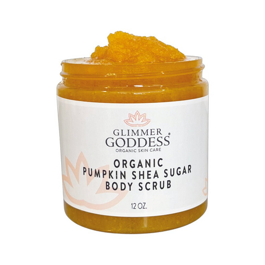 Glimmer Goddess Organic Pumpkin Shea Sugar Body Scrub in a jar, showcasing the golden scrub, perfect for fall skincare.