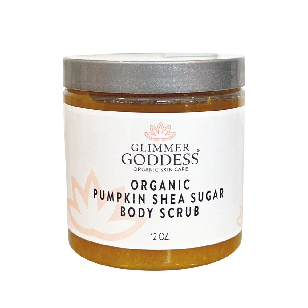 Glimmer Goddess Organic Pumpkin Shea Sugar Body Scrub jar with a clean label, highlighting its natural ingredients for effective skincare.