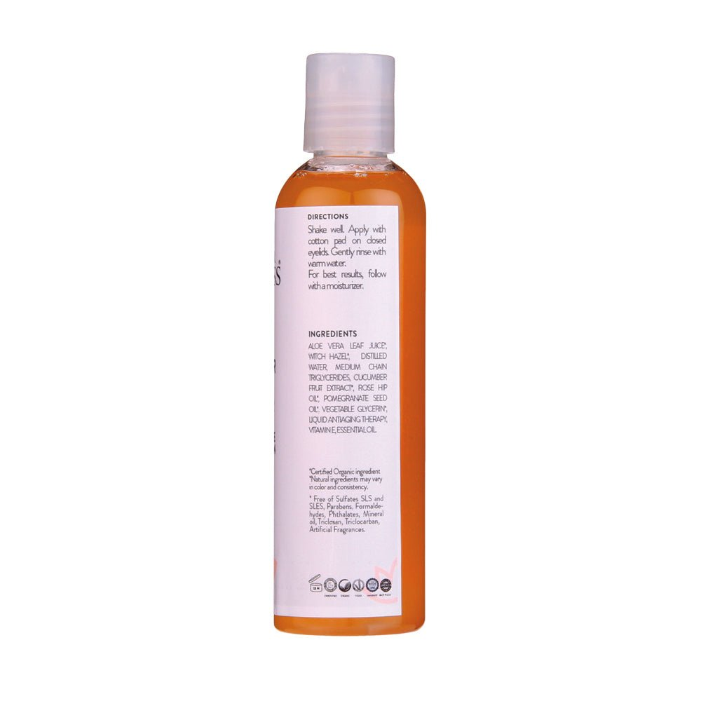 Back view of Glimmer Goddess Organic Cucumber Makeup Remover from GNS Beauty & Personal Care, showcasing directions and ingredients for effective makeup removal.
