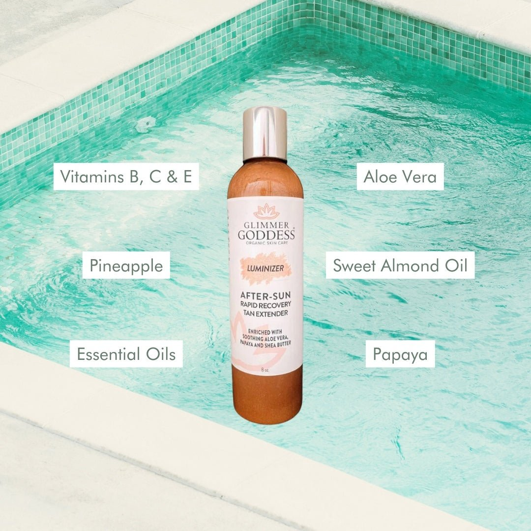 Glimmer Goddess Organic After Sun Lotion featuring key ingredients like Aloe Vera, Pineapple, Papaya, and Sweet Almond Oil, perfect for hydration and tan extending after sun exposure by GNS Beauty & Personal Care.