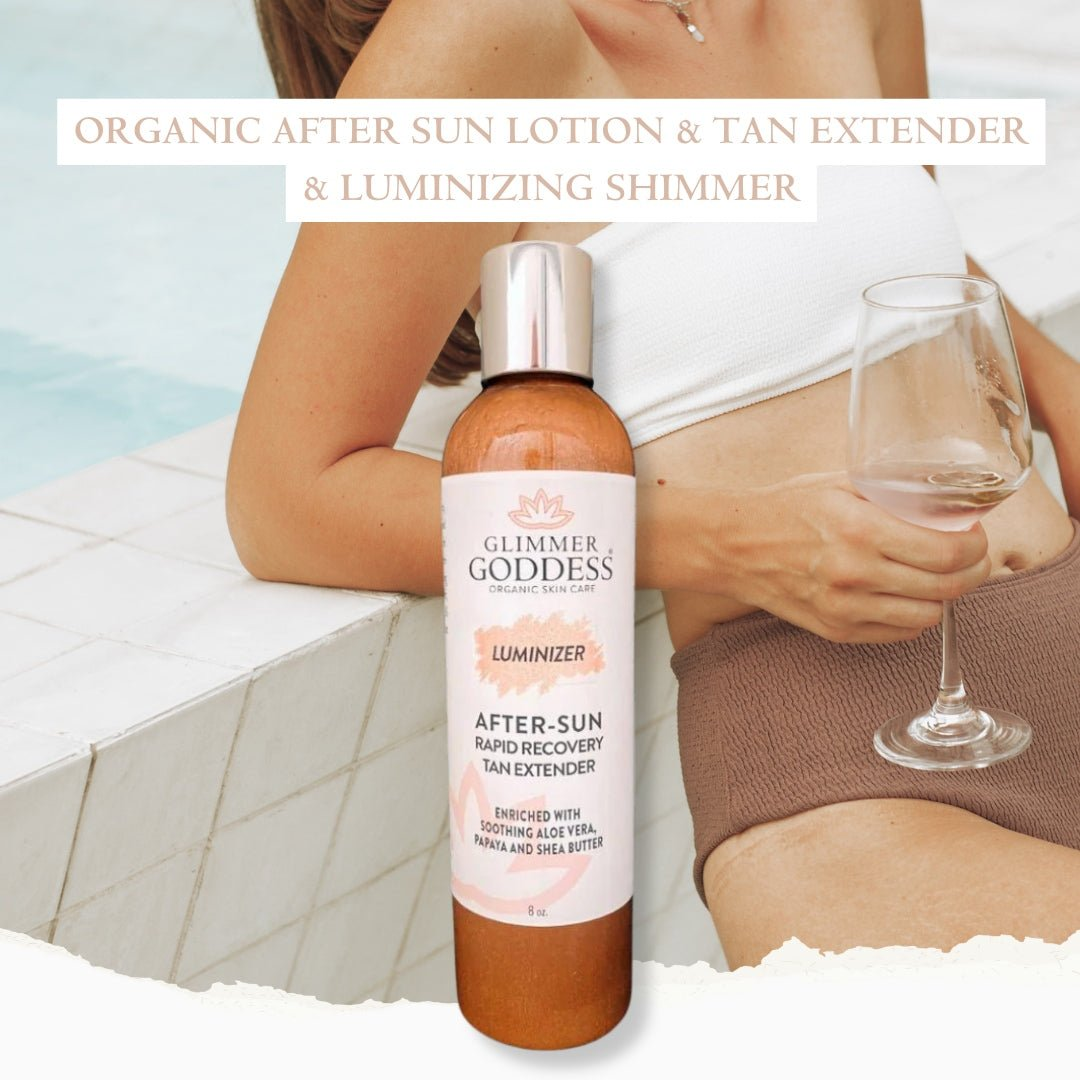 Glimmer Goddess Organic After Sun Lotion with luminizing shimmer, shown in use while enjoying a drink, highlighting its tan extender properties by GNS Beauty & Personal Care.