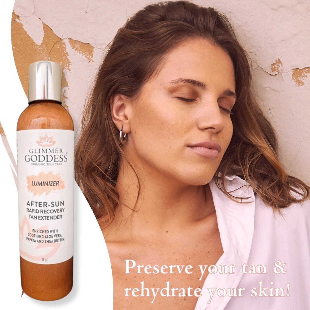 Glimmer Goddess Organic After Sun Lotion displayed with a model showcasing hydrated skin, emphasizing tan preservation and after-sun rejuvenation from GNS Beauty & Personal Care.