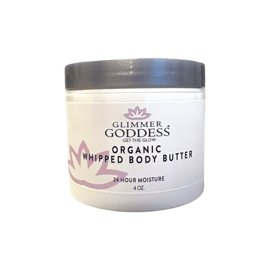 Glimmer Goddess Organic Whipped Body Butter by GNS Beauty & Personal Care in a 4 oz jar, showcasing a creamy, luxurious texture perfect for deep hydration and radiant skin.