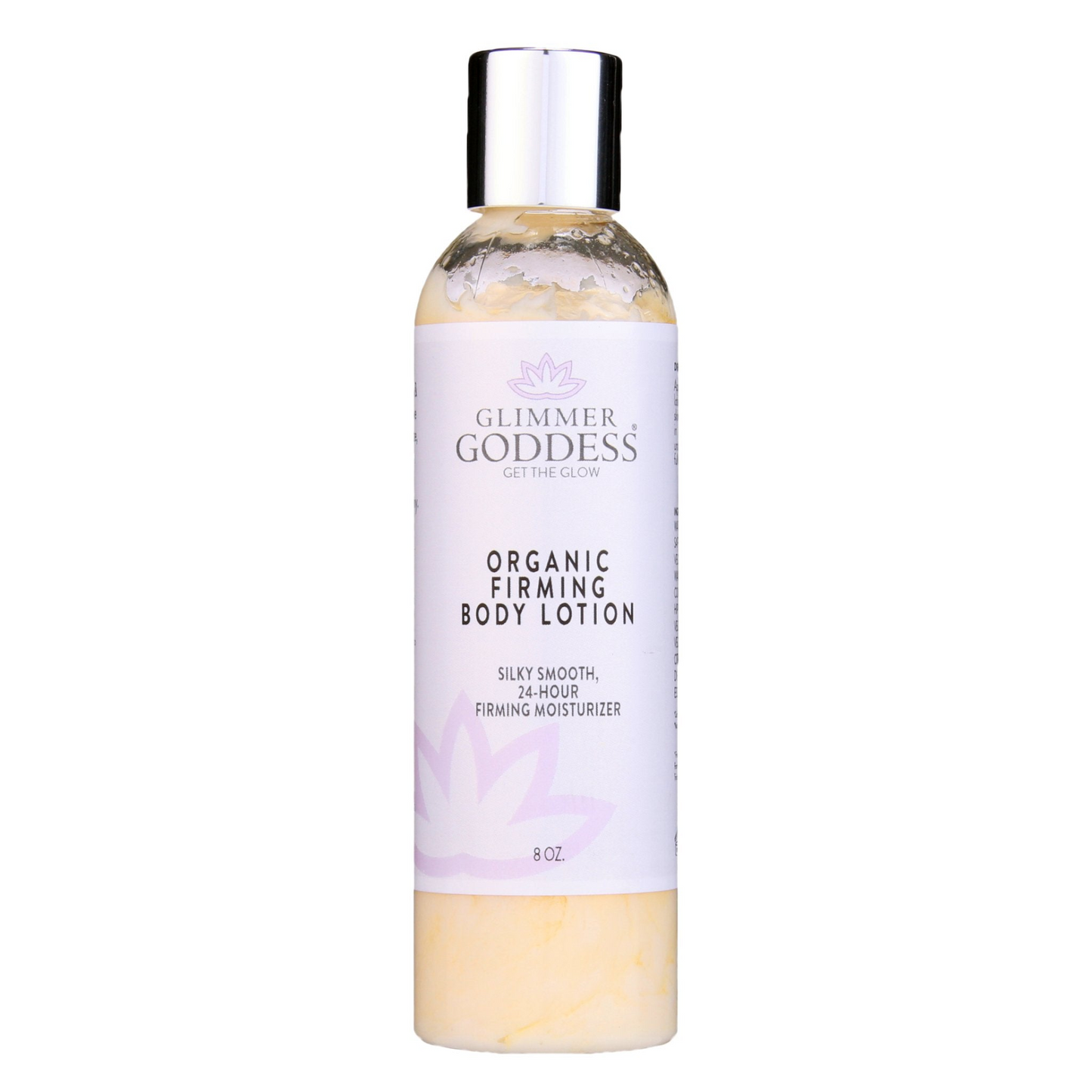 Glimmer Goddess Organic Firming Body Lotion in an 8 oz bottle, perfect for hydrating and revitalizing skin. A product from GNS Beauty & Personal Care.
