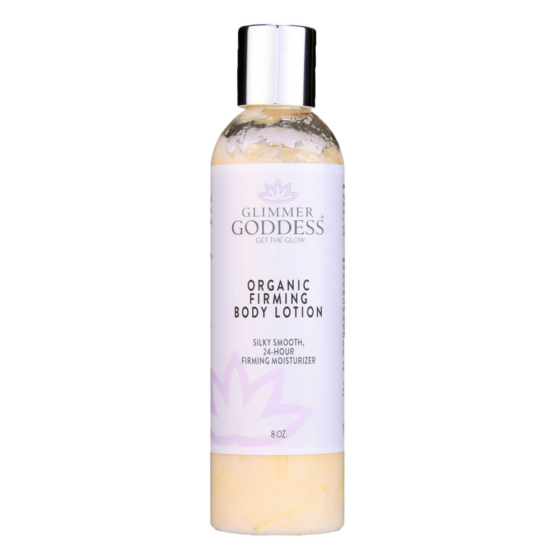 Glimmer Goddess Organic Firming Body Lotion in an 8 oz bottle, perfect for hydrating and revitalizing skin. A product from GNS Beauty & Personal Care.
