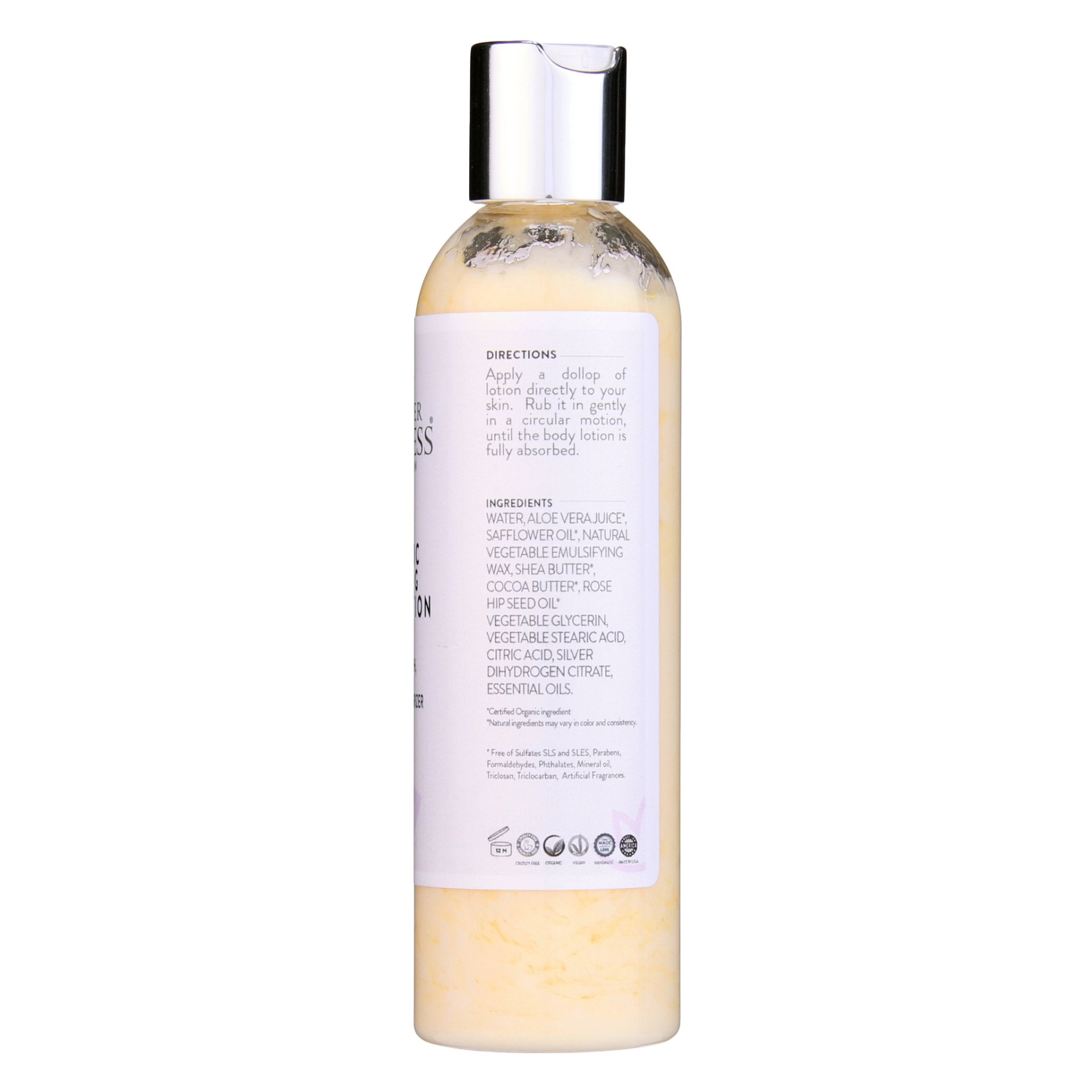 Glimmer Goddess Organic Firming Body Lotion bottle by GNS Beauty & Personal Care. Features a sleek design with a white label detailing directions and ingredients for firming and hydrating skin.