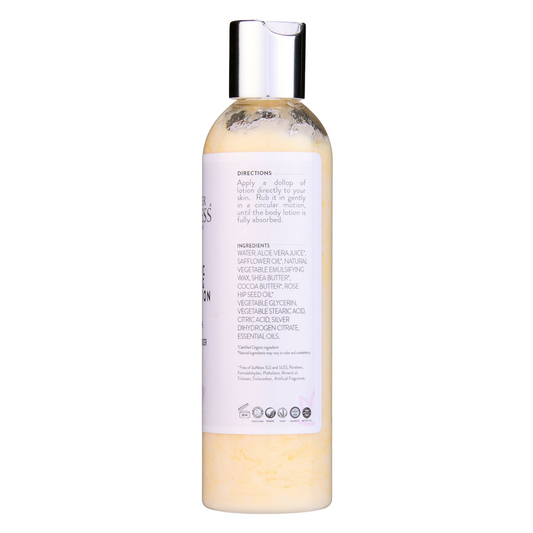 Glimmer Goddess Organic Firming Body Lotion bottle by GNS Beauty & Personal Care. Features a sleek design with a white label detailing directions and ingredients for firming and hydrating skin.