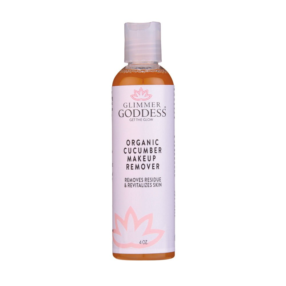 Glimmer Goddess Organic Cucumber Makeup Remover from GNS Beauty & Personal Care, designed to gently remove makeup without oily residue, presented in a 4 oz bottle.