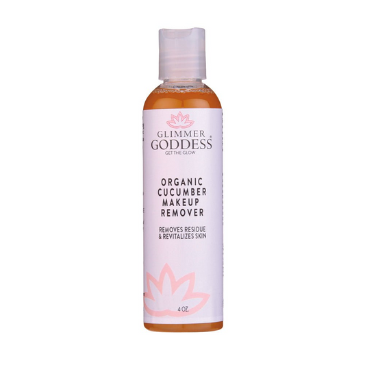 Glimmer Goddess Organic Cucumber Makeup Remover from GNS Beauty & Personal Care, designed to gently remove makeup without oily residue, presented in a 4 oz bottle.