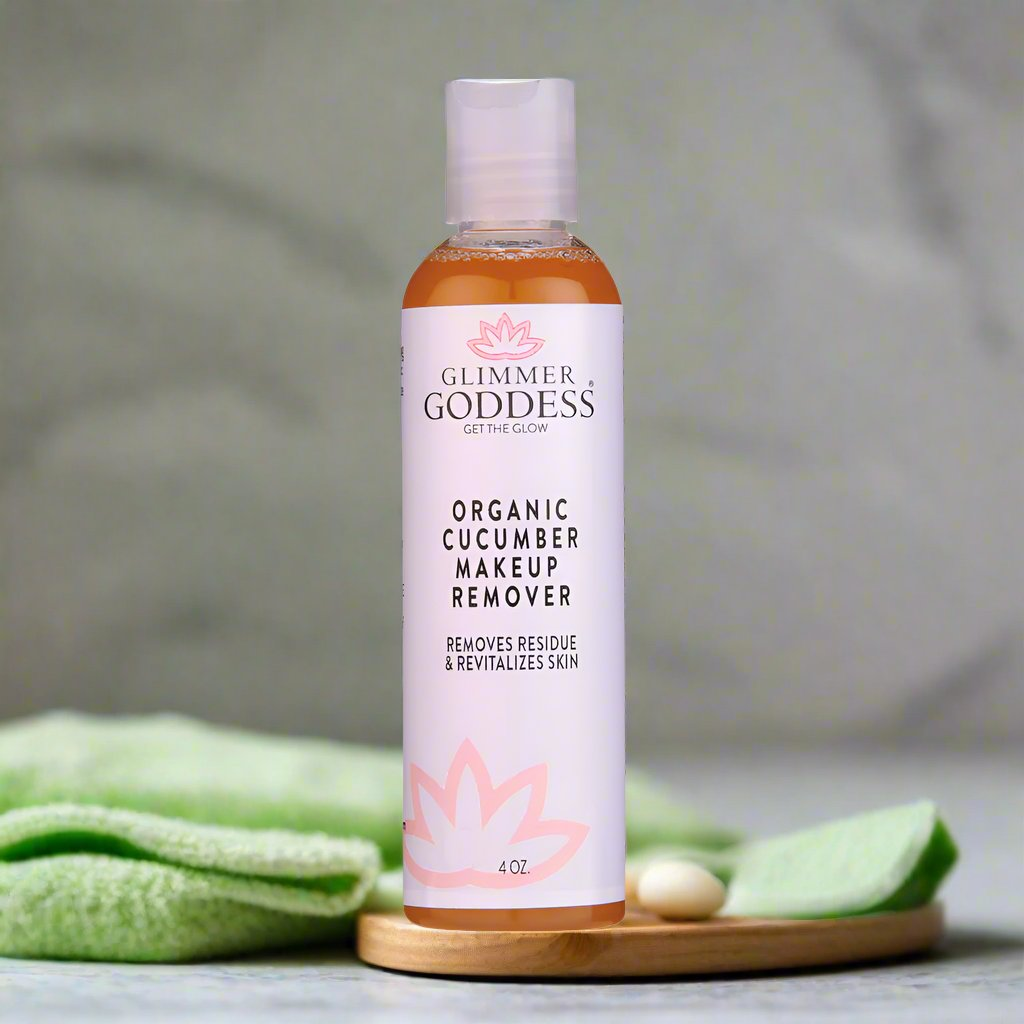 Stylish display of Glimmer Goddess Organic Cucumber Makeup Remover standing on a clean surface, designed to remove makeup residue, from GNS Beauty & Personal Care.