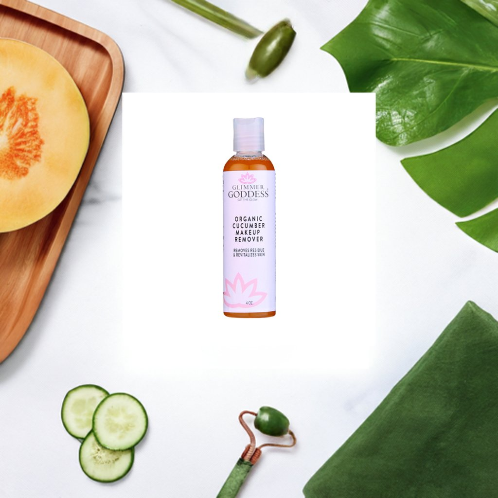 Glimmer Goddess Organic Cucumber Makeup Remover showcased with cucumber slices and natural elements, promising a gentle makeup removal experience, by GNS Beauty & Personal Care.