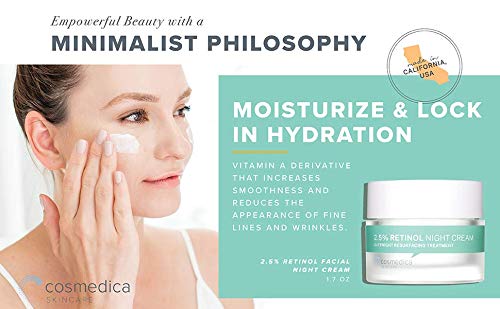 Cosmedica Skincare 2.5% Retinol Facial Night Cream advertisement featuring a model applying the cream.