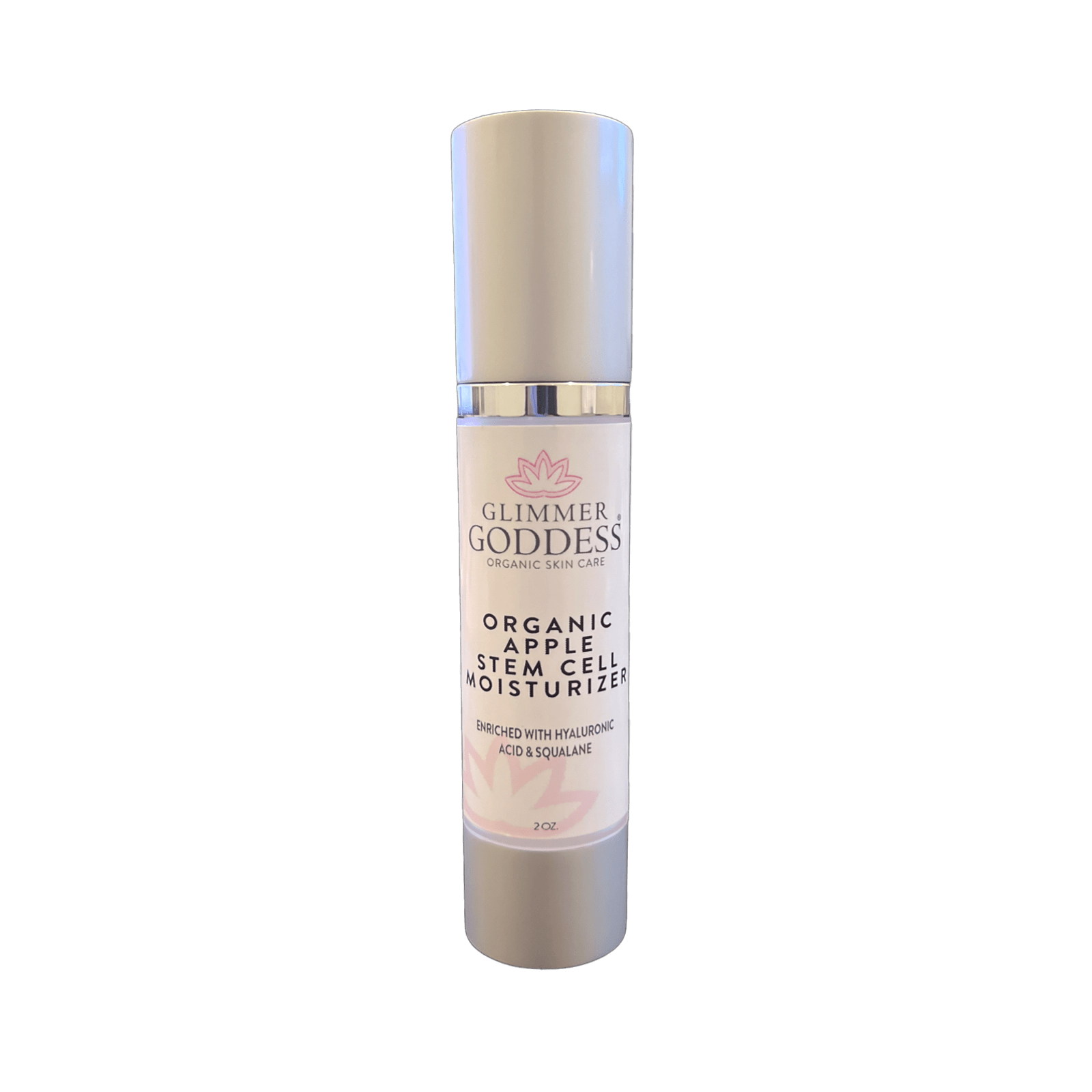 Glimmer Goddess Organic Apple Stem Cell Renewal Moisturizer bottle showcasing a luxurious design, perfect for daily hydration and safe for pregnancy, by GNS Beauty & Personal Care.