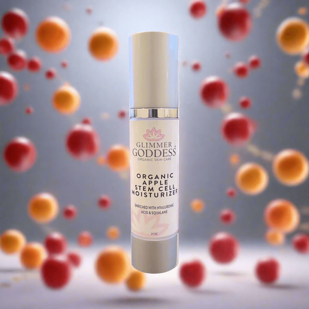 Glimmer Goddess Organic Apple Stem Cell Renewal Moisturizer amidst colorful and dynamic elements, representing hydration and skincare benefits by GNS Beauty & Personal Care.
