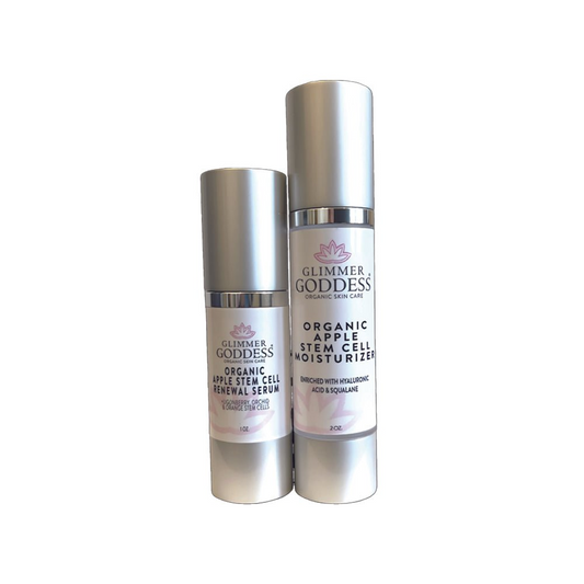 Glimmer Goddess Organic Apple Stem Cell Anti-Aging Duo featuring hydrating serum and moisturizer, perfect for firm and radiant skin, by GNS Beauty & Personal Care.