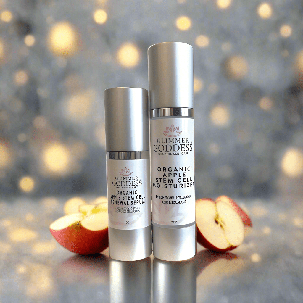 Glimmer Goddess Organic Apple Stem Cell Anti-Aging Duo featuring the Renewal Serum and Moisturizer in a vibrant setting, brought to you by GNS Beauty & Personal Care.