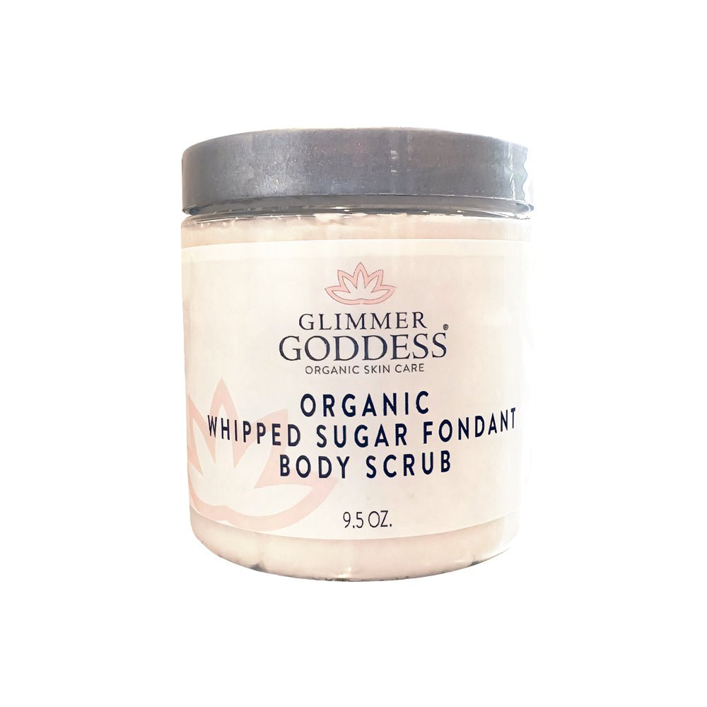 Glimmer Goddess Organic Whipped Sugar Fondant Exfoliating Body Scrub - Crepey Skin Treatment in a stylish jar by GNS Beauty & Personal Care.