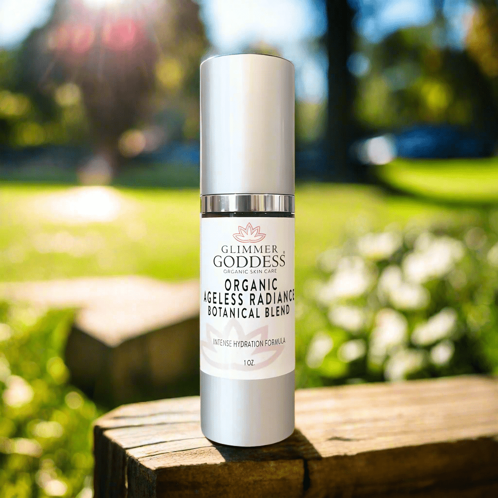 Glimmer Goddess Organic Skin Brightening Serum showcasing its sleek design and nature-inspired packaging, perfect for achieving ageless radiance.