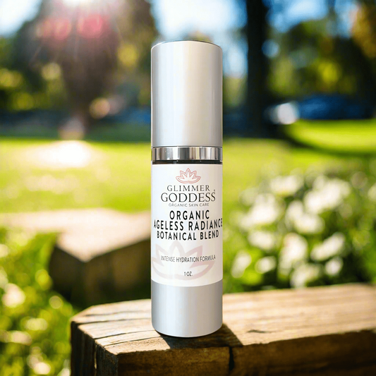 Glimmer Goddess Organic Skin Brightening Serum showcasing its sleek design and nature-inspired packaging, perfect for achieving ageless radiance.