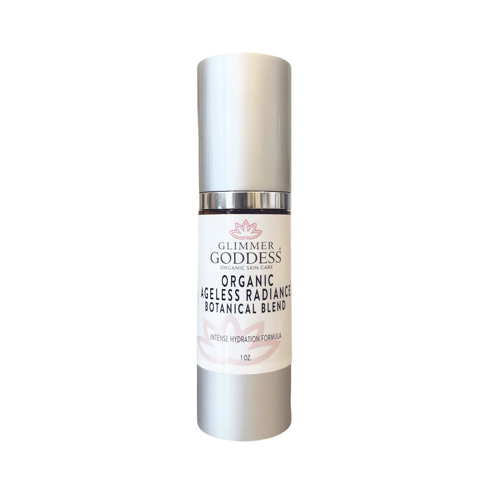 Glimmer Goddess Organic Skin Brightening Serum in a clean, white background, showcasing its essential hydrating properties.