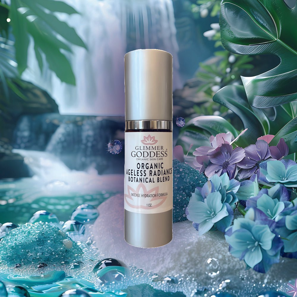 Glimmer Goddess Organic Skin Brightening Serum showcasing a beautiful packaging design surrounded by lush greenery and a serene waterfall backdrop, perfect for enhancing ageless radiance and even skin tone.