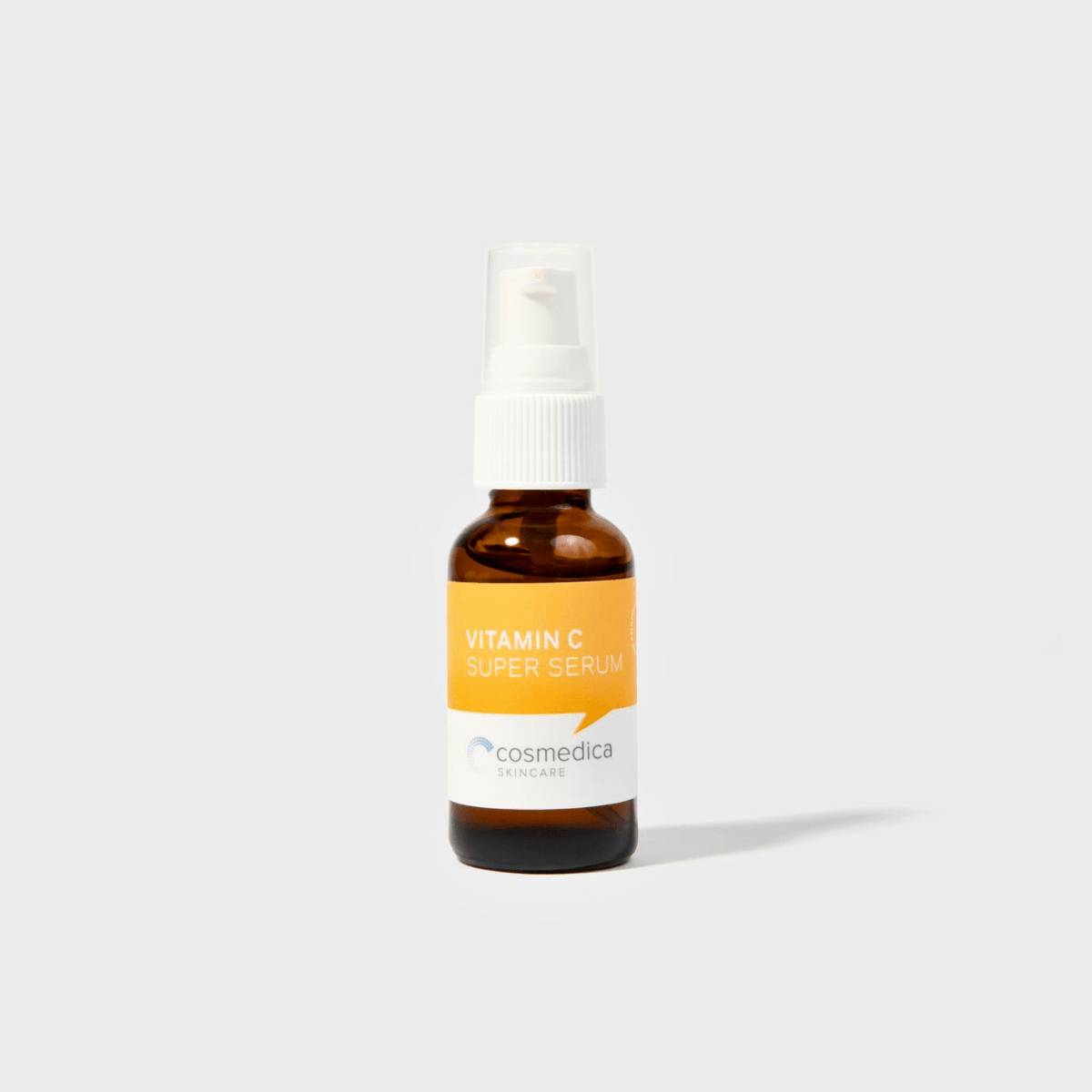 Single bottle of Cosmedica Skincare Vitamin C Super Serum on a minimalistic background, showcasing its sleek design.