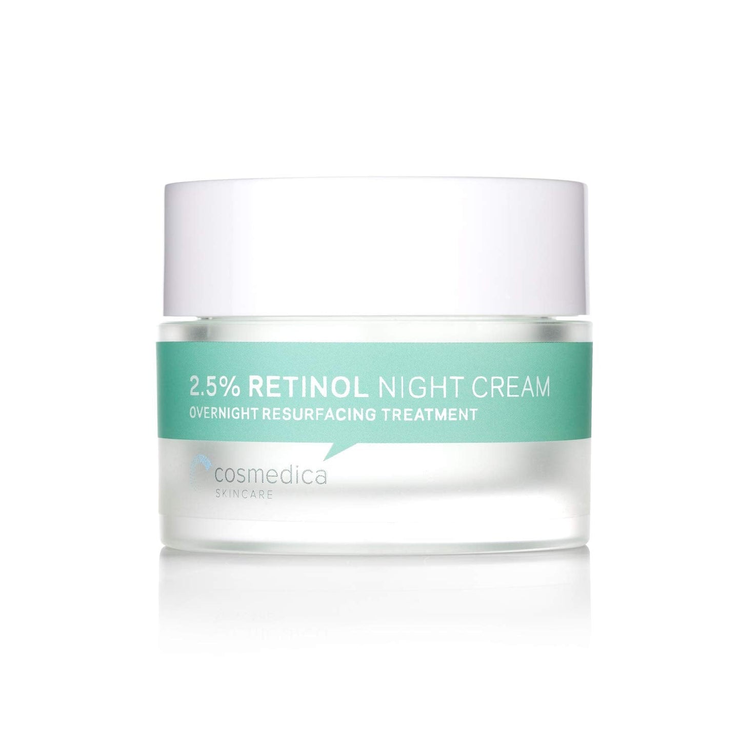 Another angle of Cosmedica Skincare's 2.5% Retinol Facial Night Cream jar, highlighting the product's label and design for effective skincare.