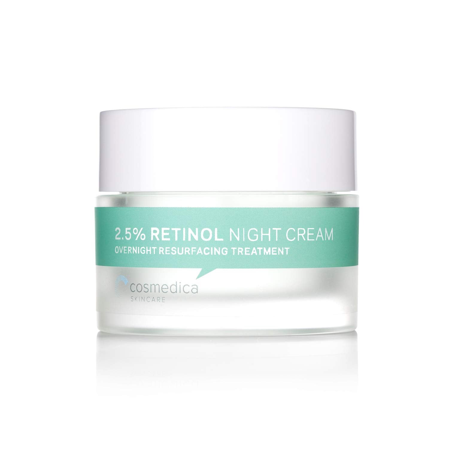 Another angle of Cosmedica Skincare's 2.5% Retinol Facial Night Cream jar, highlighting the product's label and design for effective skincare.