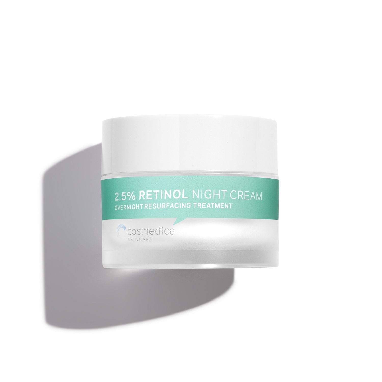 Cosmedica Skincare's 2.5% Retinol Facial Night Cream jar on a white background, emphasizing its overnight resurfacing treatment benefits.