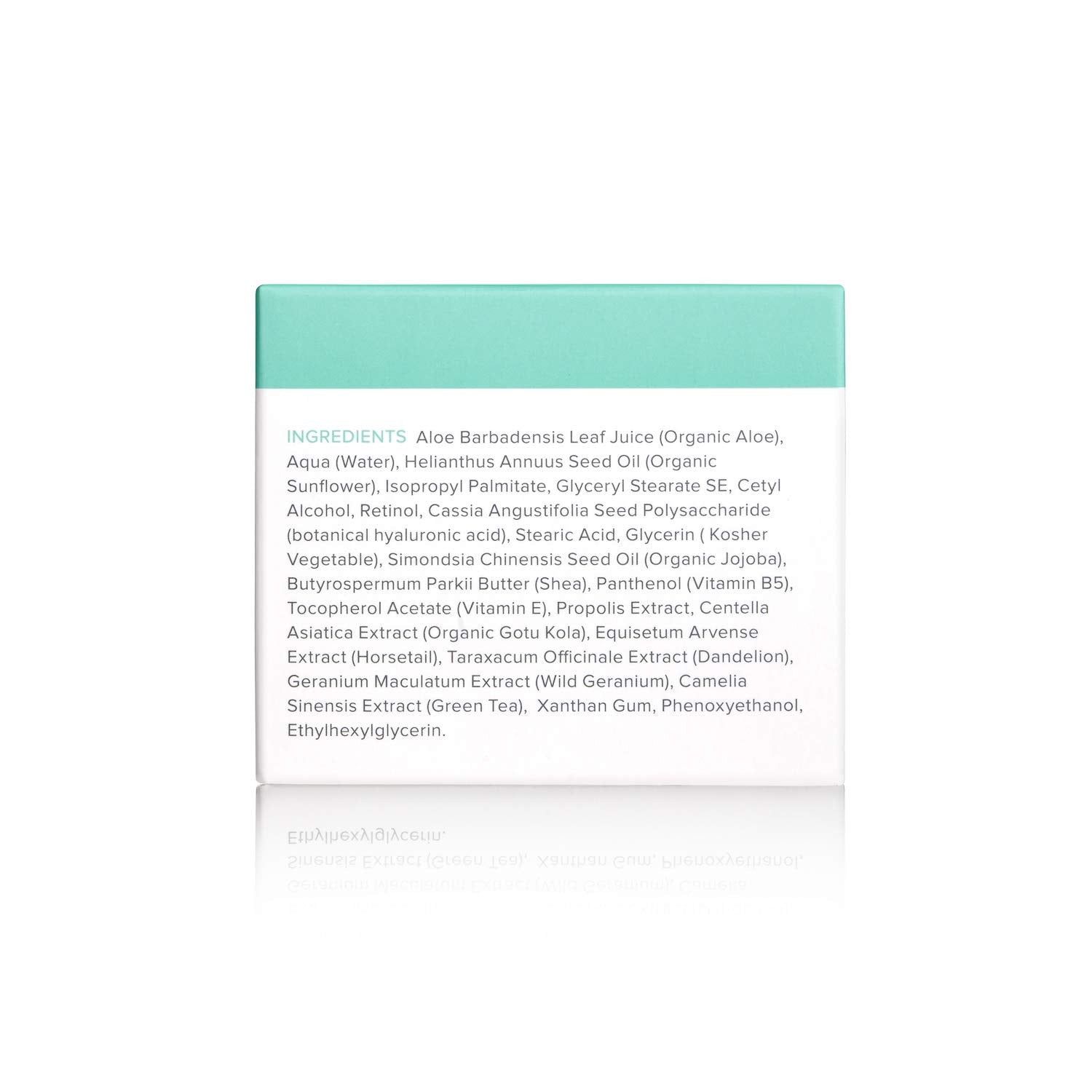 Ingredient list of Cosmedica Skincare's 2.5% Retinol Facial Night Cream, showcasing natural components like organic aloe and herbal extracts.