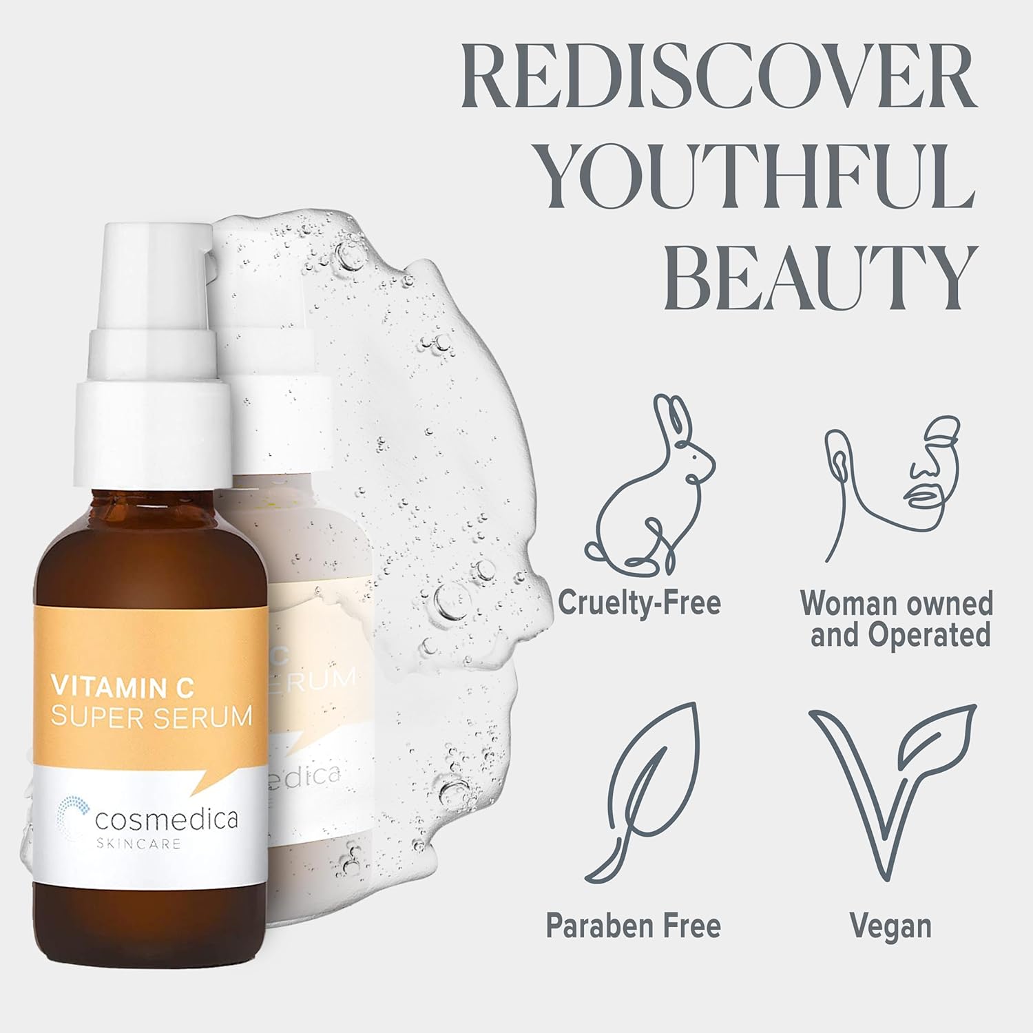Cosmedica Skincare Vitamin C Super Serum bottle with labels stating cruelty-free, woman-owned and operated, paraben-free, and vegan for rediscovering youthful beauty.
